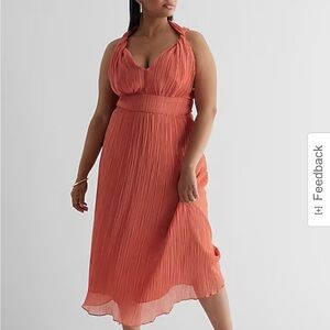 Express Pleated Twisted Halter Neck Midi Dress